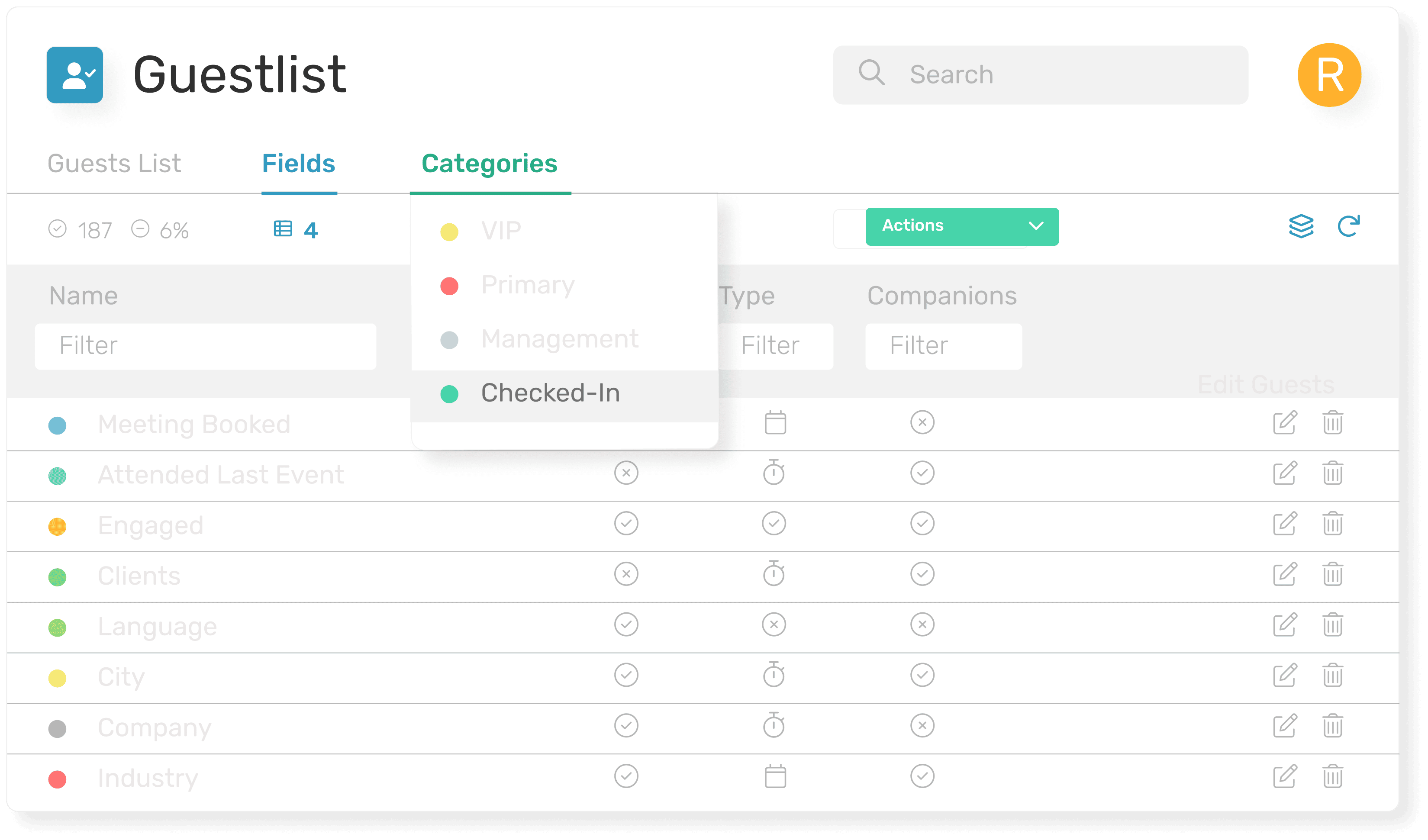 “Guestlist” view screenshot: tabs “Guests List,” “Fields,” “Categories” with an open categories dropdown (VIP, Primary, Management, Checked-In). Below, a filterable table with status icons and edit/delete actions.