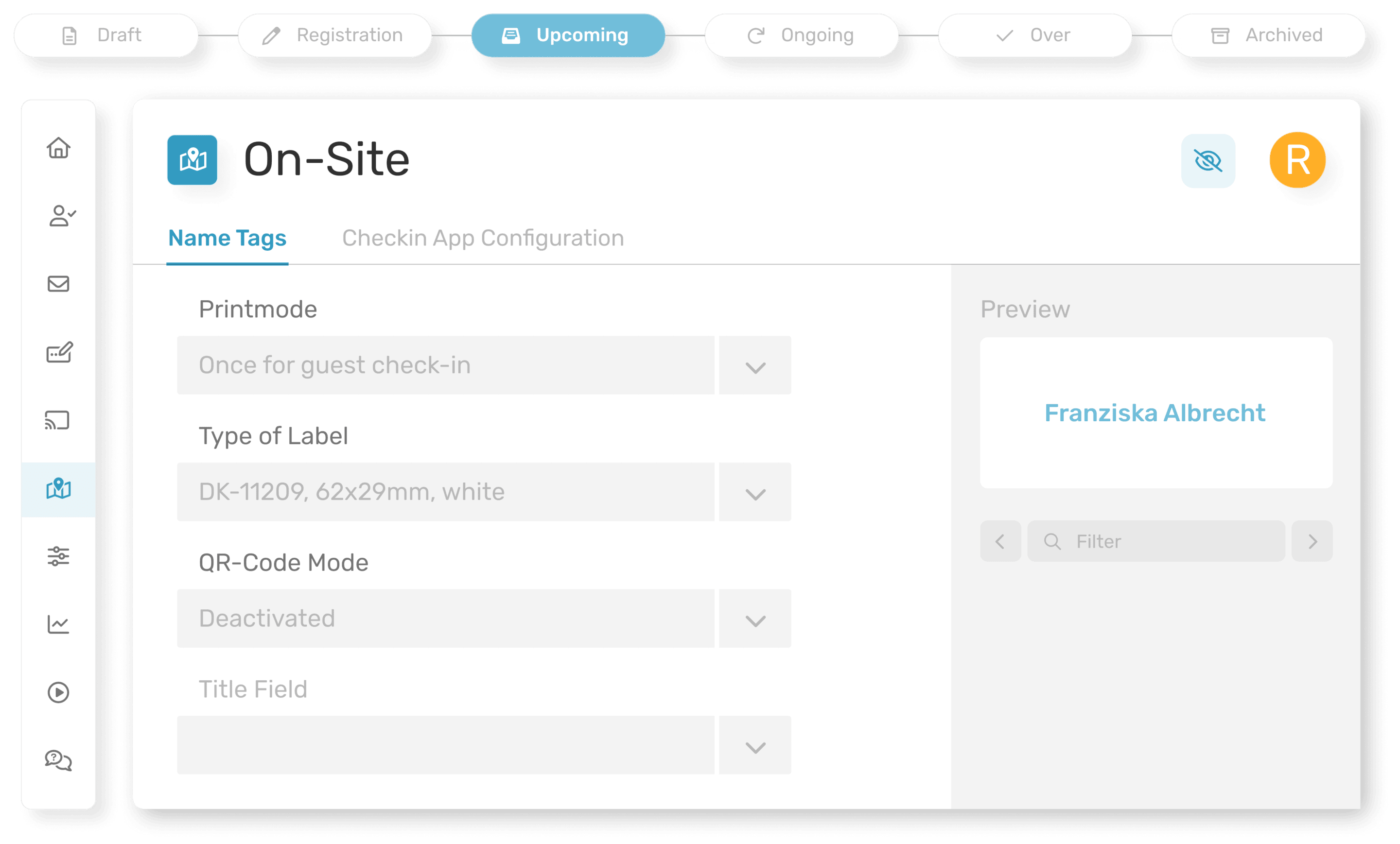 Screenshot der Event-Software: Bereich „On-Site“ → Tab „Name Tags“ mit Einstellungen (Printmode „Once for guest check-in“, Etikett „DK-11209, 62×29 mm, white“, QR-Code „Deactivated“) und Vorschau mit dem Namen „Franziska Albrecht“.