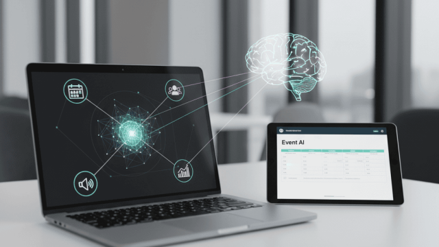 Ein Laptop und Tablet mit schwebendem leuchtenden Gehirn, verbunden durch Linien, die künstliche Intelligenz darstellen.