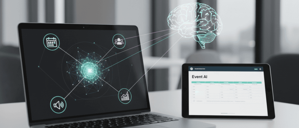 Ein Laptop und Tablet mit schwebendem leuchtenden Gehirn, verbunden durch Linien, die künstliche Intelligenz darstellen.