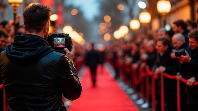 Rückansicht eines Fotografen, der mit seiner Kamera ein Event auf einem roten Teppich festhält, der von einer Menschenmenge gesäumt ist.
