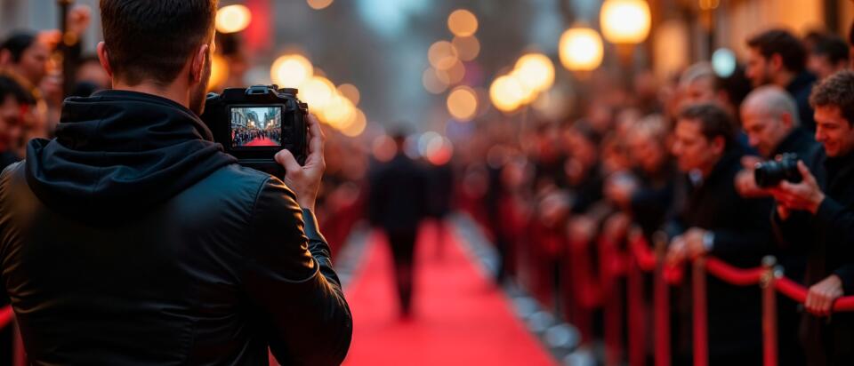 Rückansicht eines Fotografen, der mit seiner Kamera ein Event auf einem roten Teppich festhält, der von einer Menschenmenge gesäumt ist.