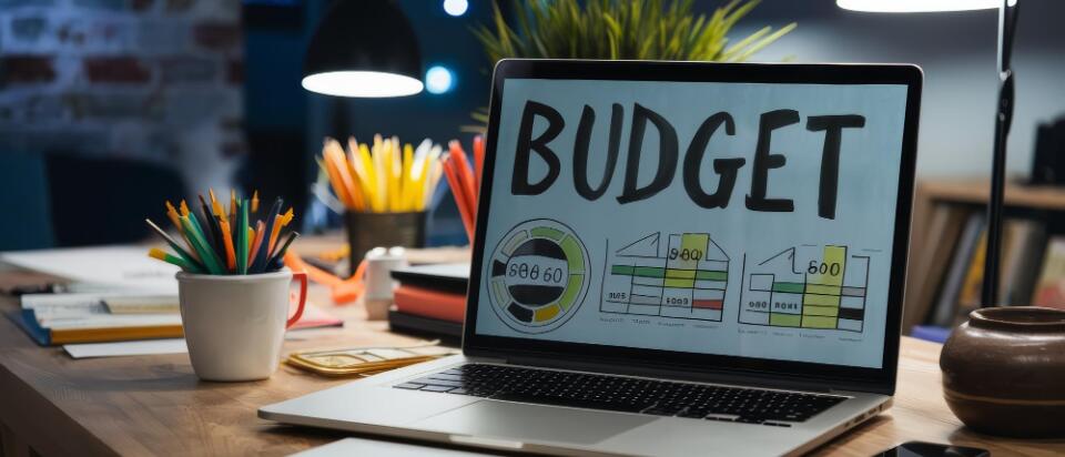 Ein Laptop steht auf einem Holzschreibtisch. Auf dem Bildschirm sind das Wort “BUDGET” und verschiedene Finanzdiagramme zu sehen. Die Szene wird von Schreibtischlampen beleuchtet und symbolisiert die fokussierte Finanz- und Event-Budgetplanung.