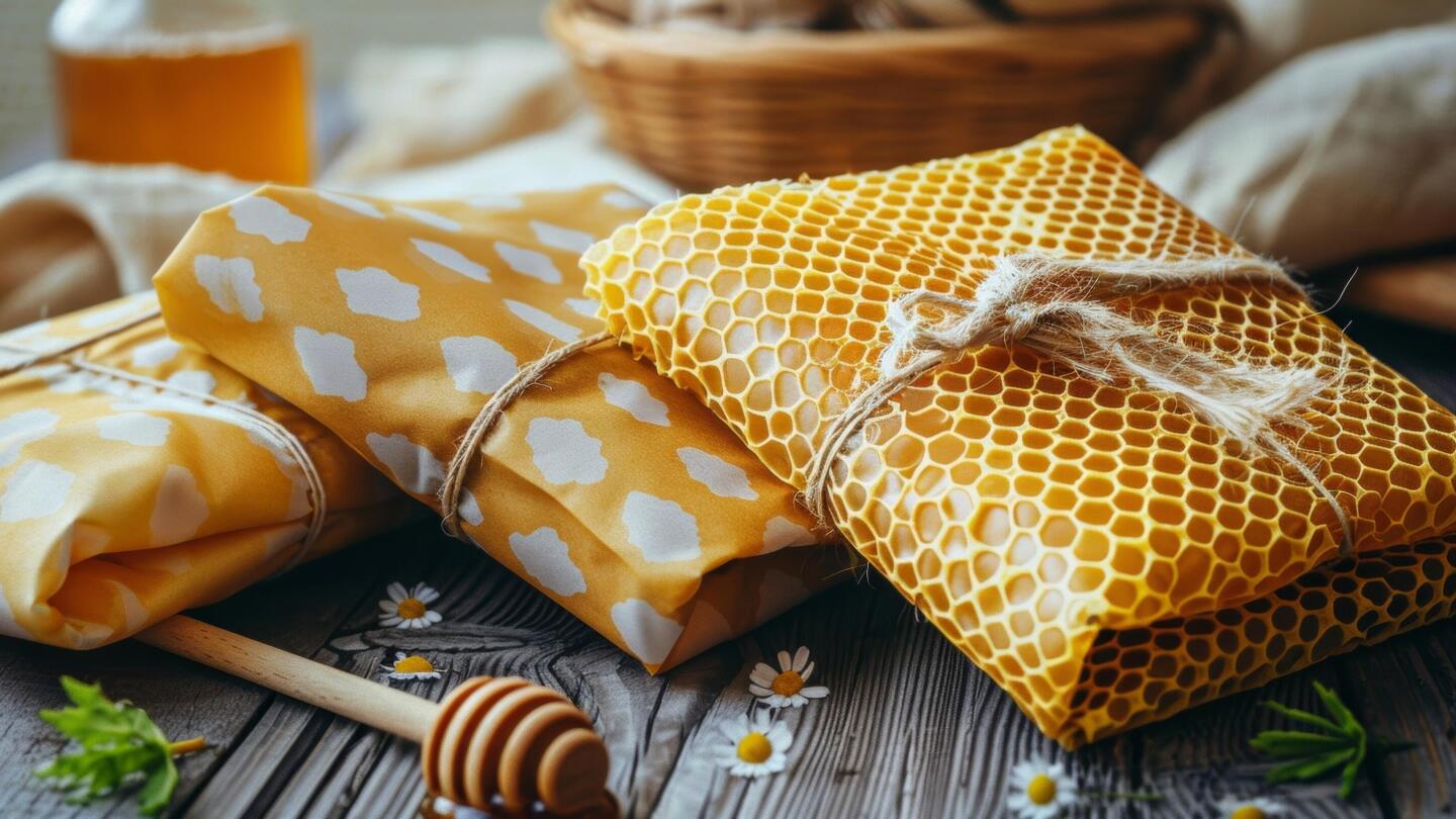 Ein Bienenwachstuch mit Wabenmuster ist um ein Glas Honig gewickelt, daneben liegt ein Honiglöffel.