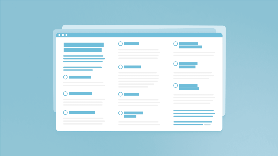 Illustration of a three-column web list view with titles and text lines.
