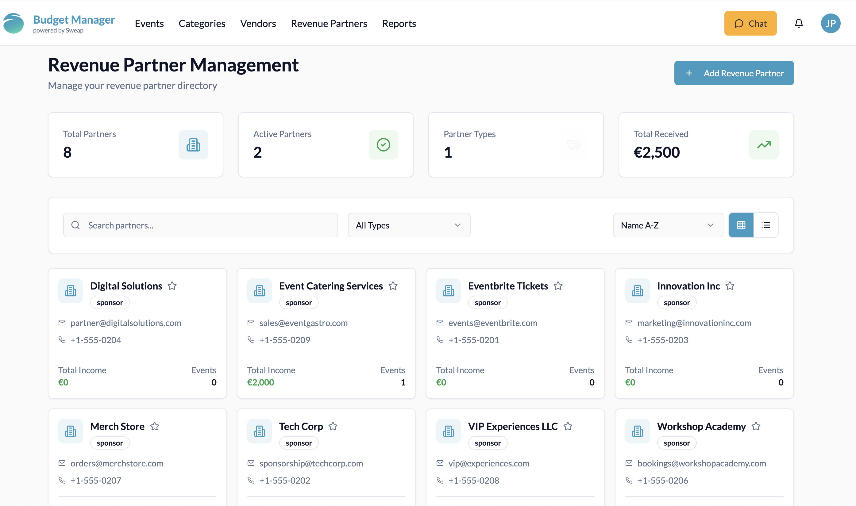 All revenue partners can be created, edited and displayed in the ‘Partner Management’ area.