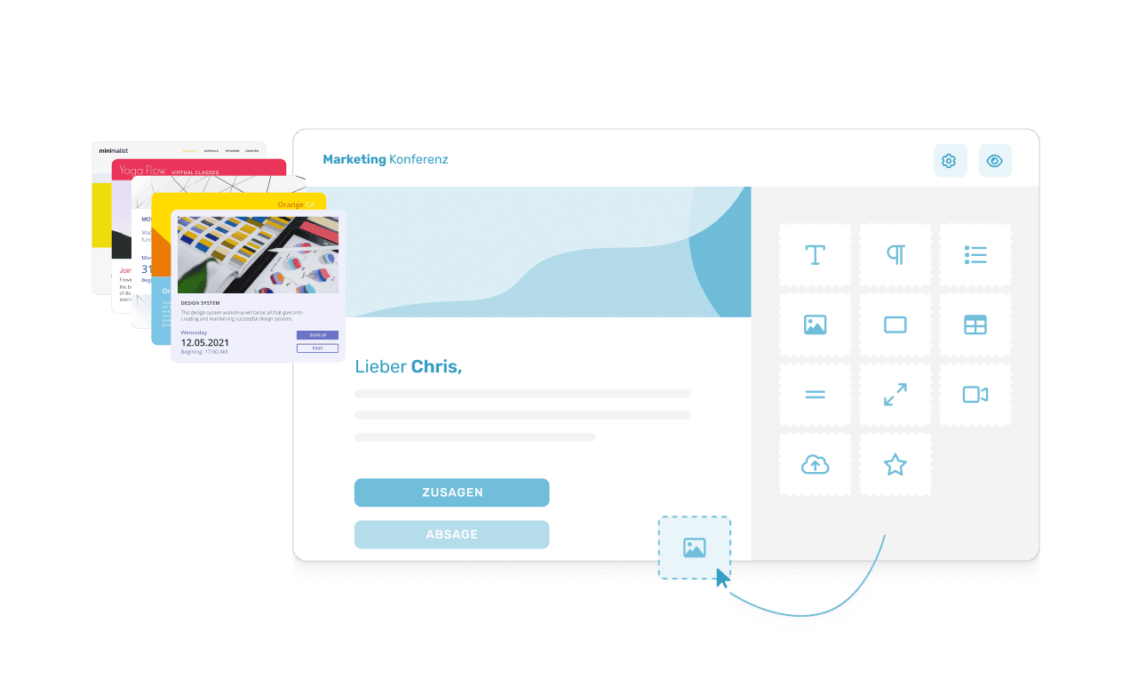 Screenshot-Collage E-Mail Builders, die das Interface zur Gestaltung von Event-Einladungen mit verschiedenen Menüs und Design-Optionen zeigt.