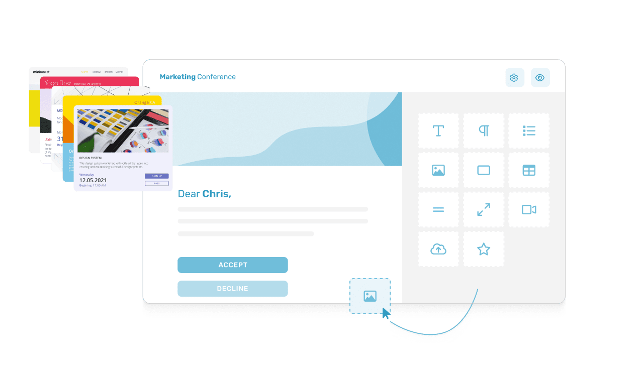 Screenshot collage of the Email Builder, showing the interface for designing event invitations with various menus and design options.
